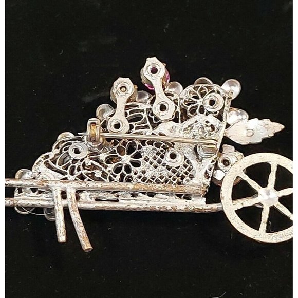 Vintage Garden Wheelbarrow w/Flowers Rhinestones Pin Brooch Costume 3.5" - Picture 8 of 10